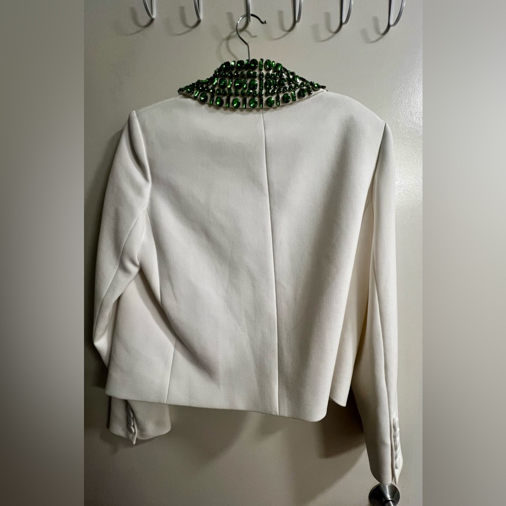 Veronica Beard Imogen Embellished Cropped Jacket | White + Emerald Green Jewels - Picture 6 of 12